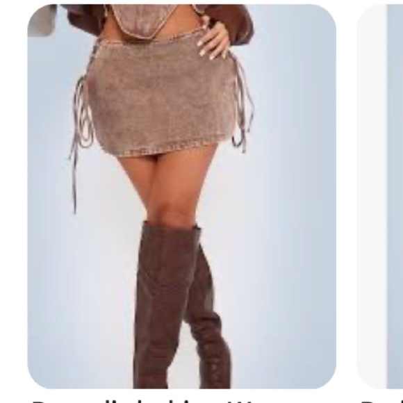 Petite Washed Brown Denim Lace Up Mini Skirt - Picture 3 of 3